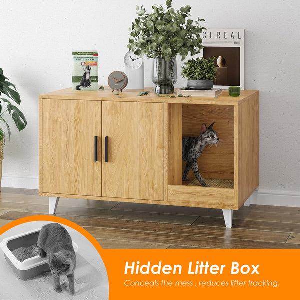 English Elm STARY Hidden Cat Litter Box Enclosure Furniture with Scratch Pad, Odor-Control, Sturdy 120LB Load Natural T3623P339385