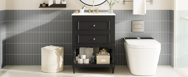 English Elm 24'' Retro Bathroom Vanity Mdf Cabinet with Ceramic Sink Open Shelf and 2 Drawers Black N710P405414B