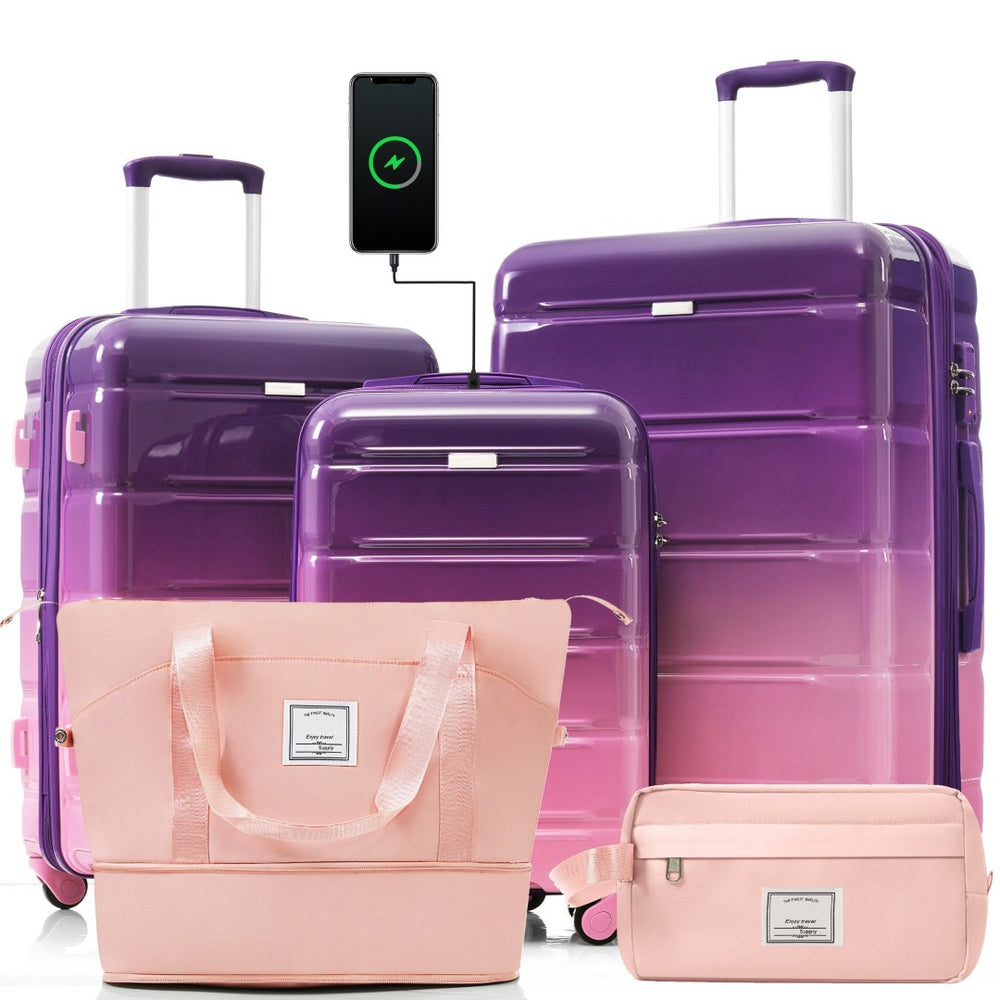 English Elm Luggage Five Piece Hard Shell Travel Set with Usb Port and Spinner Wheels Purple N726P265424P