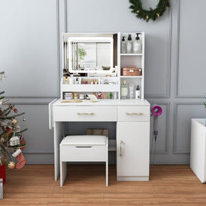 English Elm Vanity Desk with Led Mirror Touch Light Power Outlet Drawers and Storage Stool W2700P342538