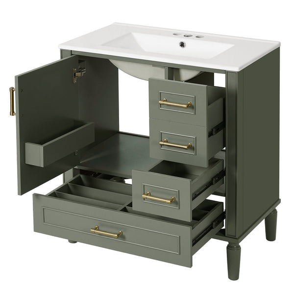 English Elm 30" Elegant Bathroom Vanity with Ceramic Sink, Soft-Close Door & 3 Drawers, Gold Handles, Durable Finish Olive Green N729P184479O