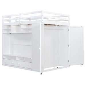 English Elm Full Size Loft Bed with Led Lighting Wardrobe Drawers and Shelves for Teen Rooms White LT000499AAK