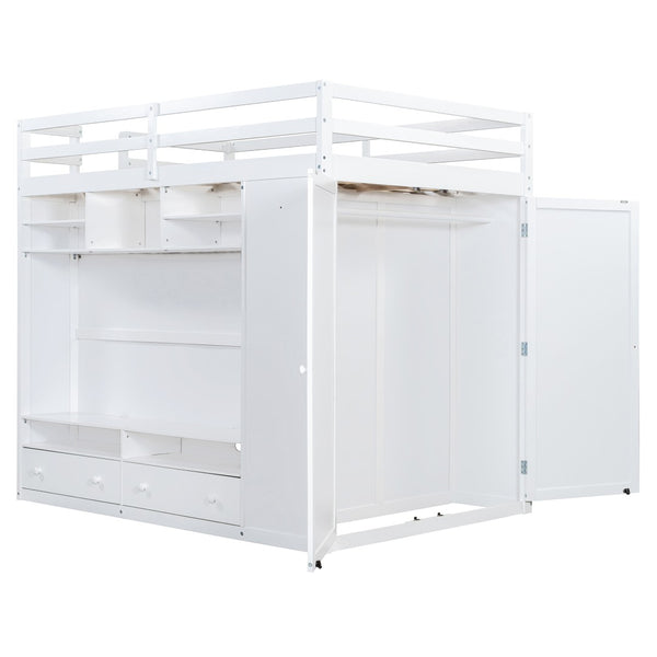 English Elm Full Size Loft Bed with Led Lighting Wardrobe Drawers and Shelves for Teen Rooms White LT000499AAK