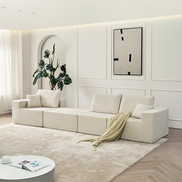 English Elm 110" Cloud Modular Sectional Sofa Boneless Corduroy 3-Seater with Ottoman & 2 Pillows, No Assembly, Luxurious Comfort Beige W2656S00011