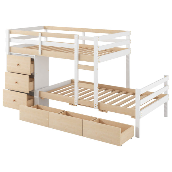 English Elm Twin Loft Bunk Bed with Built-In Drawers and Ladder, Space-Saving Twin over Twin Pine MDF Design Natural GX000424AAN