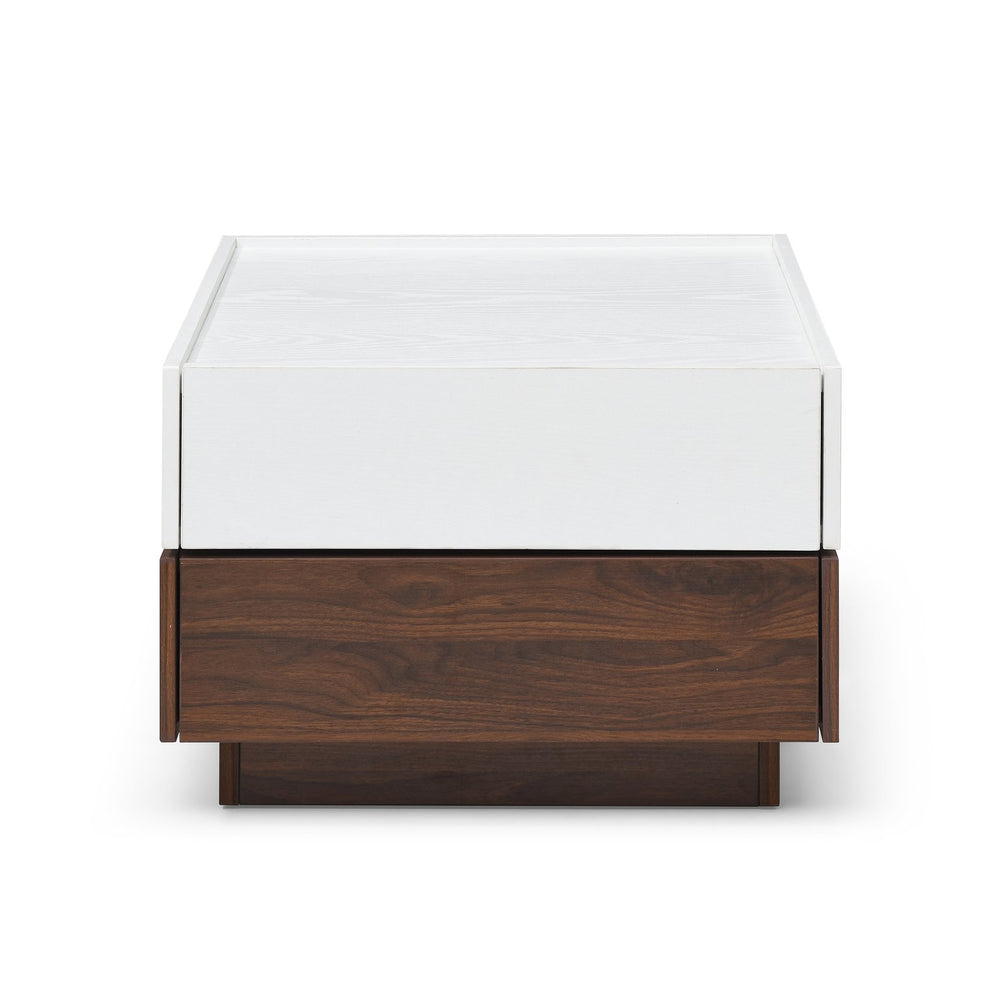English Elm Rotating Square Coffee Table with Swivel Top, 2 Drawers & Hidden Storage, White Walnut Finish Elegance W1117P235473