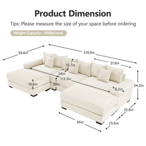 English Elm 130" Cloud Modular Sectional Sofa - Plush Corduroy, Ergonomic Design, Configurable With Ottoman, Cream W714S01289