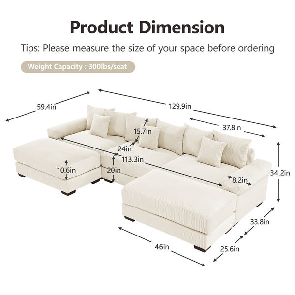 English Elm 130" Cloud Modular Sectional Sofa - Plush Corduroy, Ergonomic Design, Configurable With Ottoman, Cream W714S01289