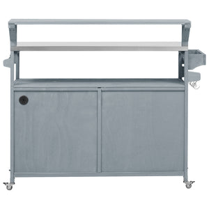 English Elm K&K 53.3" Outdoor Kitchen Island with 1.2" Stainless Top, Spacious Storage, Raised Shelf, Wheels Grey+Blue N707P250628G