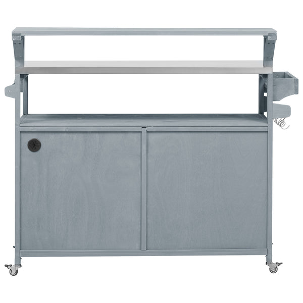 English Elm K&K 53.3" Outdoor Kitchen Island with 1.2" Stainless Top, Spacious Storage, Raised Shelf, Wheels Grey+Blue N707P250628G