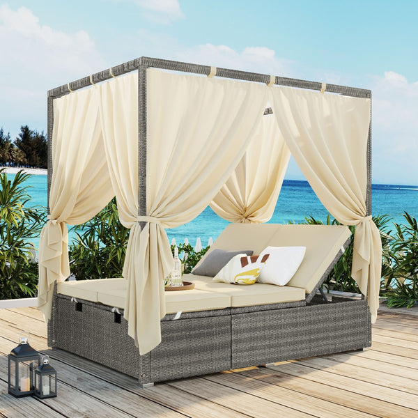 English Elm U_style Outdoor Rattan Steel Chaise Lounge with Shade Canopy and Reclining Cushioned Sunbed Beige WY000471AAA