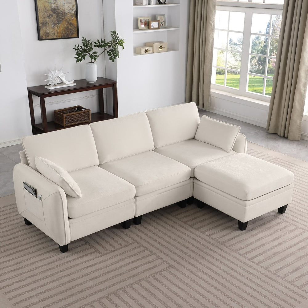 English Elm 102 Inch Linen Modular Sectional Sofa with Hidden Storage and Cloud Cushion Comfort Beige W1099S00207