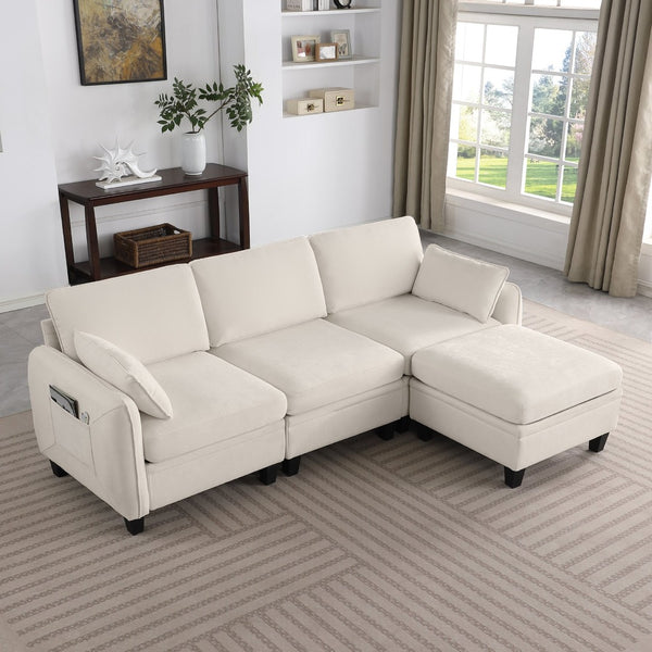 English Elm 102 Inch Linen Modular Sectional Sofa with Hidden Storage and Cloud Cushion Comfort Beige W1099S00207