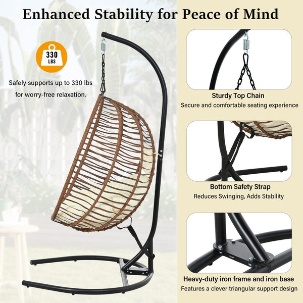 English Elm U_style Wicker Hanging Egg Chair with Stand Foldable Indoor Outdoor Swing Seat Brown+Beige N711P389503K