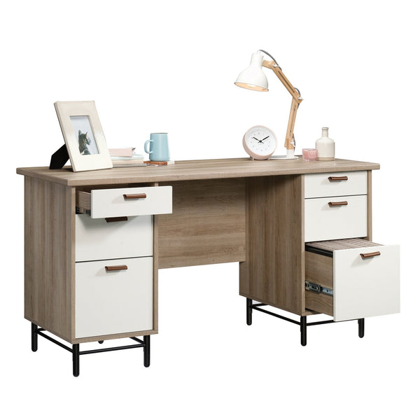English Elm Executive Desk with Large Desktop, Light Oak & White Accents, File Drawers, Durable Metal Base B356P367821