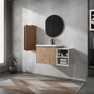 English Elm 36" Wall-Mounted Bathroom Vanity With Resin Sink & Side Cabinet - Modern Storage, Soft-Close Design W999S00224