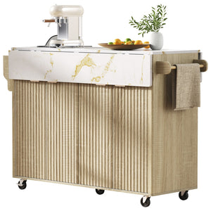 English Elm K&k Fluted Rolling Kitchen Island Faux Marble Top Power Outlet Storage Drawers Natural N707P353934Y