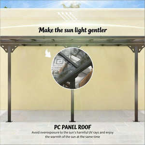 English Elm Wall-mounted Aluminum Pergola with Polycarbonate Roof for Patio Uv and Rain Protection T3971S00179