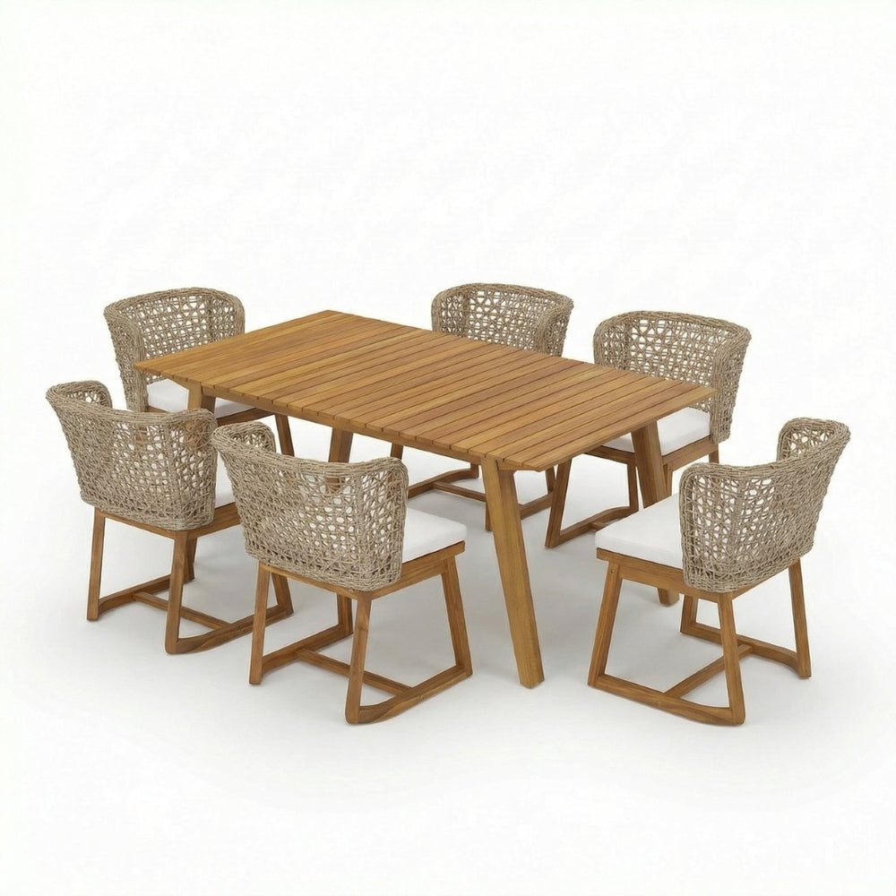 English Elm 69" Outdoor Acacia Wood Patio Dining Set Seats Six with Wicker Back Chairs Teak Finish N773OD00135B