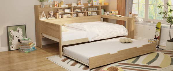 English Elm Wooden Twin Daybed with Trundle Built-in Desk and Open Shelves for Kids Rooms Natural N733S373389M