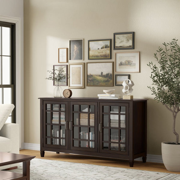 English Elm Connaught Solid Wood Buffet with Glass Doors Raised Panel Drawers Dining Storage B136P436051