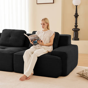 English Elm Modern Corduroy Sectional Sofa Deep Seat V Shape Tufted Couch with Movable Ottoman Black W714S01585