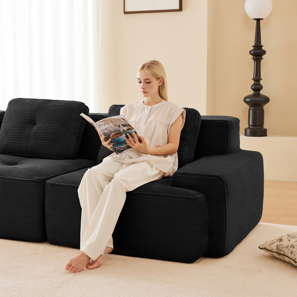 English Elm Modern Corduroy Sectional Sofa Deep Seat V Shape Tufted Couch with Movable Ottoman Black W714S01585