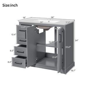 English Elm 36" Modern Bathroom Vanity with Ceramic Sink, Soft-Close Doors, 3 Drawers & Ample Storage for Small Baths Gray N729P280194E