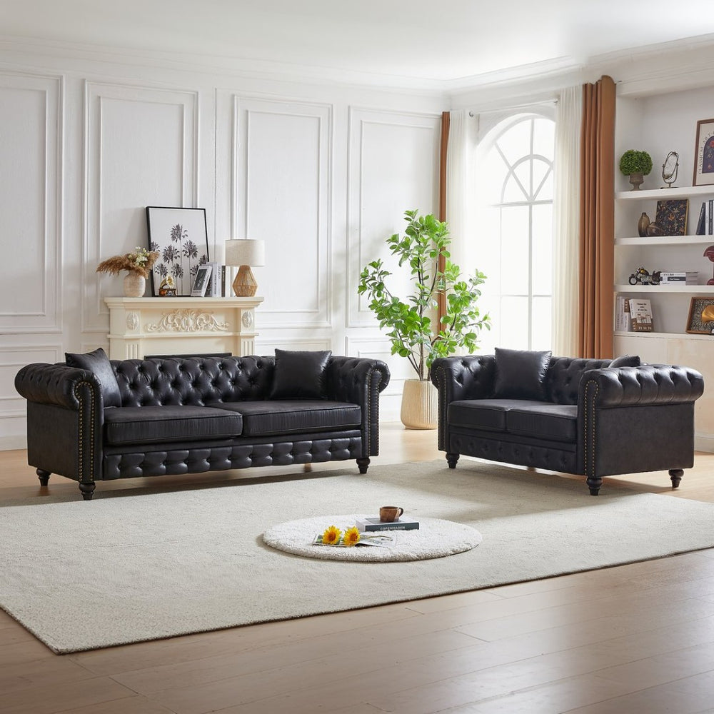 English Elm Fx Chesterfield Sofa Set Tufted Tech Fabric Upholstered Living Room Seating Combo Black W1926S00114