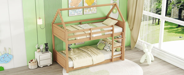English Elm Twin House Floor Bunk Bed With Guardrails & Ladder - Solid Rubberwood, White Oak Finish, Ideal For Kids W504P227942-GIGA