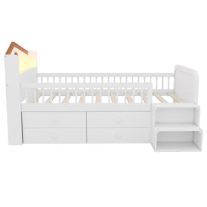 English Elm Low Twin Loft Bed with House-Style Headboard and Built-In LED Lights for Modern Kids' Rooms White 42.91 L x 28.35 W x 6.69 H W2593S00006