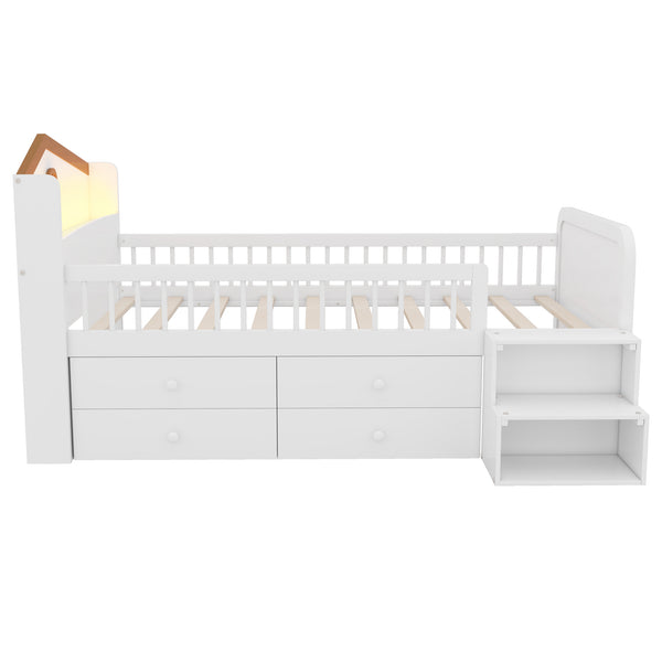 English Elm Low Twin Loft Bed with House-Style Headboard and Built-In LED Lights for Modern Kids' Rooms White 42.91 L x 28.35 W x 6.69 H W2593S00006