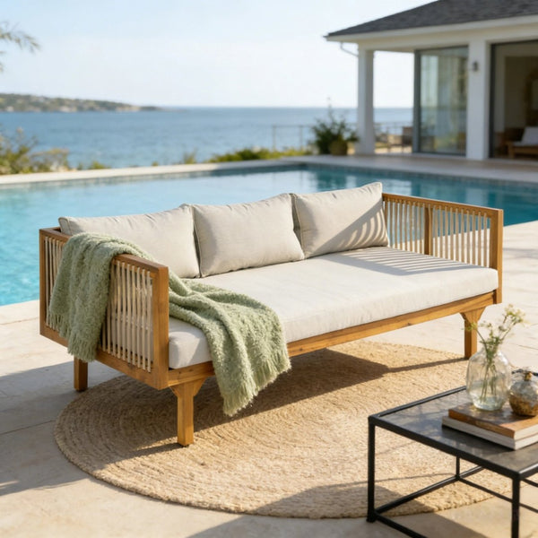 English Elm Outdoor Acacia Wood Sofa with Woven Rope Accents Teak Finish Patio Seating N770P354675L
