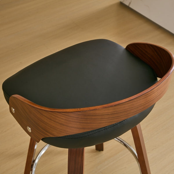 English Elm Bar Stools Set of 2 Mid-century Swivel Walnut Wood Frame with Cushioned Seat Black Pu W1143P173431