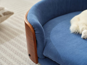 English Elm Scandinavian Elevated Pet Sofa Bed with Walnut Bent Wood Back, Velvet Stain-Resistant Fabric, Cozy Rest Dark Blue W794125923