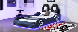 English Elm Wood Twin Race Car Platform Bed with LED Lighting, Upholstered Headrest, Sturdy Pine Build Blue GX002218AAC