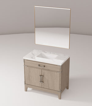 English Elm Grey Oak Single Bath Vanity 36in W x 22in D with Carrara Marble Top, Soft-Close Storage & 34in Mirror B2731S01462
