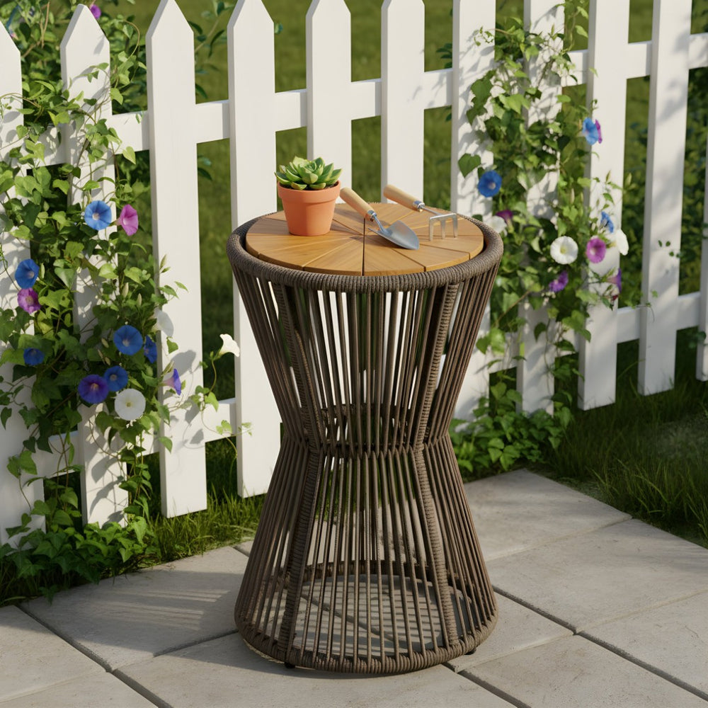 English Elm Outdoor Acacia Wood Top Side Table Woven Rope Iron Frame Hourglass Patio Accent N770P354691D