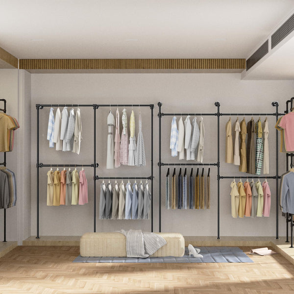 English Elm Industrial Pipe Clothing Rack With Led Lights - Heavy Duty Wall-Mounted Garment Storage Solution T3210P392613
