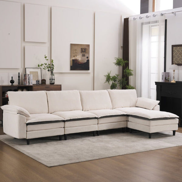 English Elm 129.92" Chenille Cloud Sectional Modular L Shaped Sofa with Ottoman Deep Lounge Seating W5029S00003