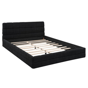 English Elm Queen Upholstered Platform Bed with Padded Headboard, Slat Support, Modern Stitch Detail for Comfort Black DL001520AAB