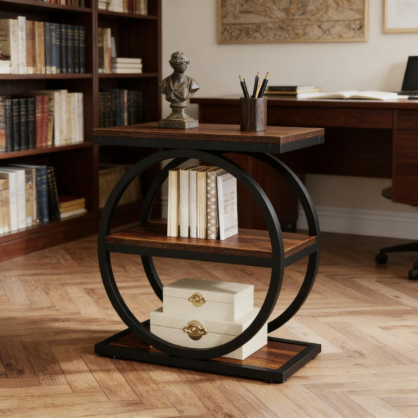 English Elm Modern Two Tier End Table Black Metal Frame Wood Grain Surface for Living Room T3971P451267