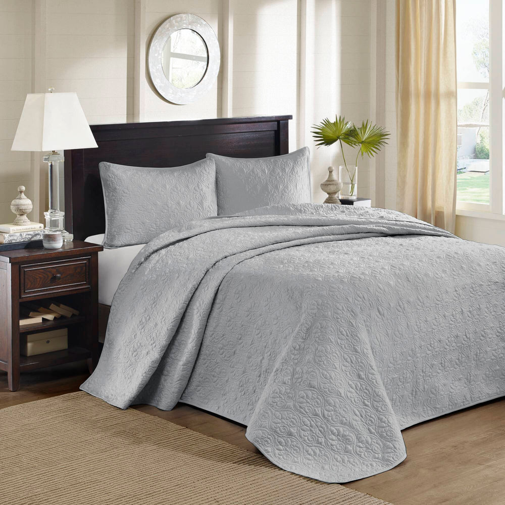 JLA Home Madison Park - 3 Piece Reversible Bedspread Set with Quilted Stitch Texture, Prewashed Cotton Fill & Antimicrobial Protection for Oversized Elegant Drape Grey MP13-2990
