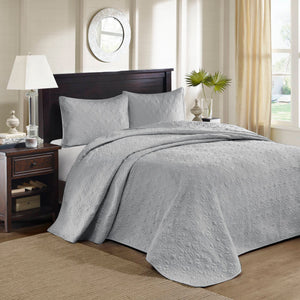 JLA Home Madison Park - 3 Piece Reversible Bedspread Set with Quilted Stitch Texture, Prewashed Cotton Fill & Antimicrobial Protection for Oversized Elegant Drape Grey MP13-2990