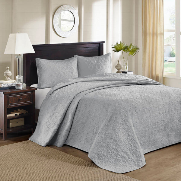 JLA Home Madison Park - 3 Piece Reversible Bedspread Set with Quilted Stitch Texture, Prewashed Cotton Fill & Antimicrobial Protection for Oversized Elegant Drape Grey MP13-2990