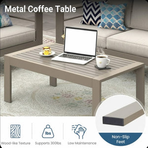 English Elm 43" Outdoor Coffee Table with Wood Grain Top on Powder Coated Iron for Patio Lounging Khaki B082P455113