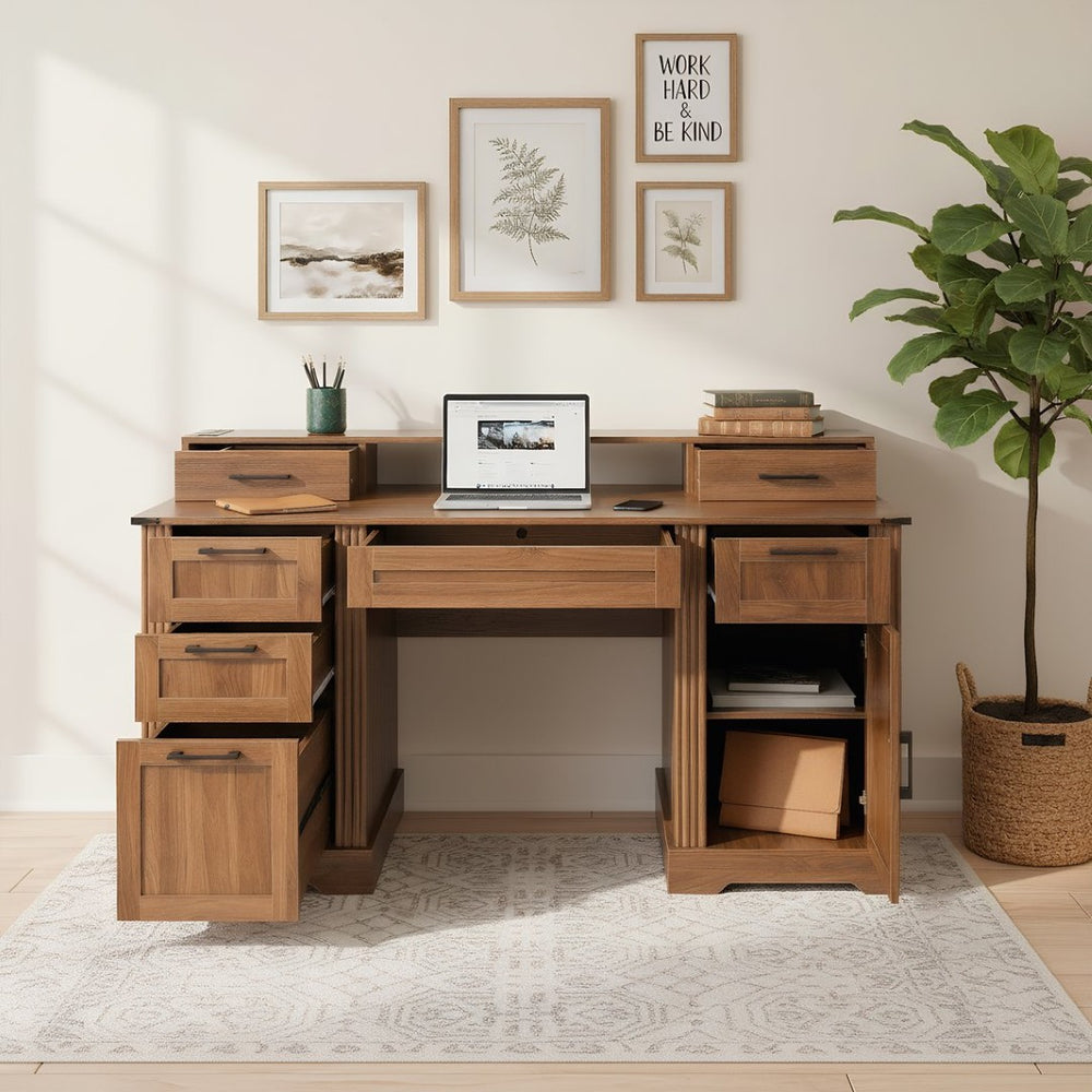 English Elm 59" Fluted Oak L-shaped Corner Desk with Charging Station Monitor Stand and File Storage Dark Walnut W2917S00007