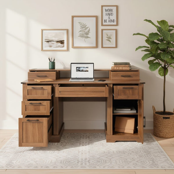 English Elm 59" Fluted Oak L-shaped Corner Desk with Charging Station Monitor Stand and File Storage Dark Walnut W2917S00007