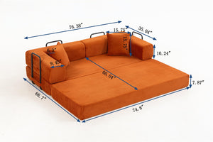 English Elm Full Foam Modular Sofa Bed Corduroy Upholstered Convertible Lounger for Studio Apartments Orange W3326P450802