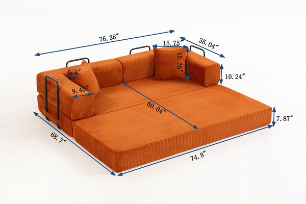English Elm Full Foam Modular Sofa Bed Corduroy Upholstered Convertible Lounger for Studio Apartments Orange W3326P450802